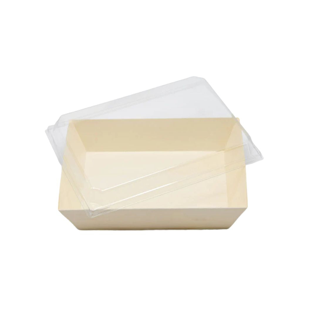Rectangular tray with clear plastic lid on a white background