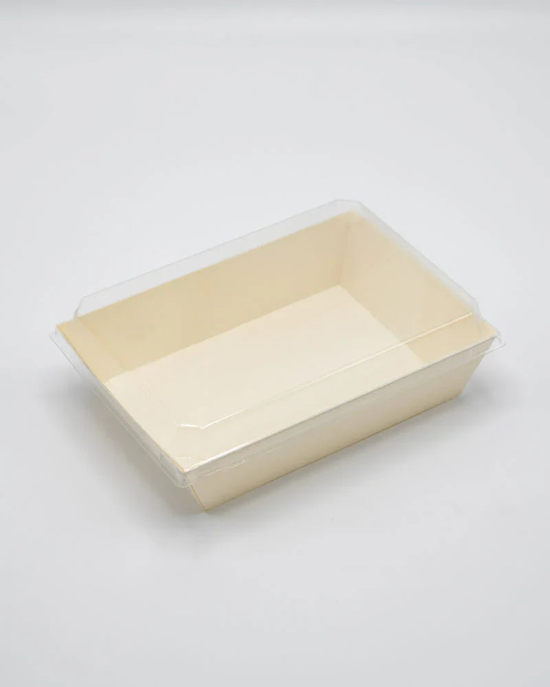 Rectangular tray with clear lid on a white background