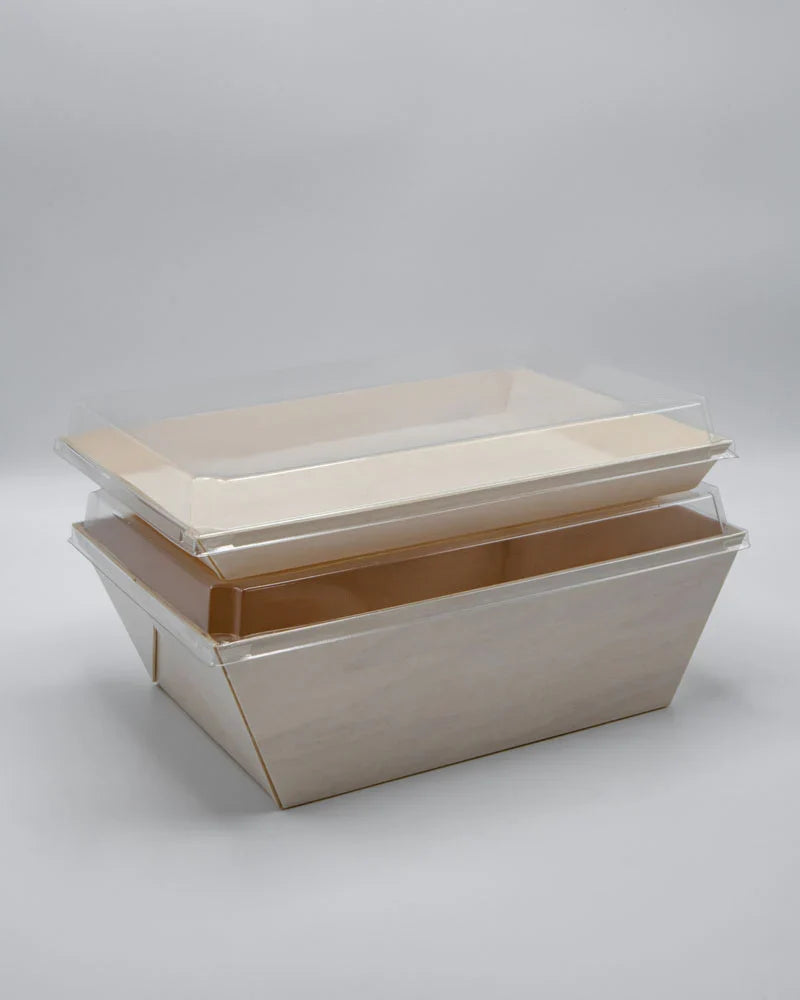 Food trays with lids on a light gray background