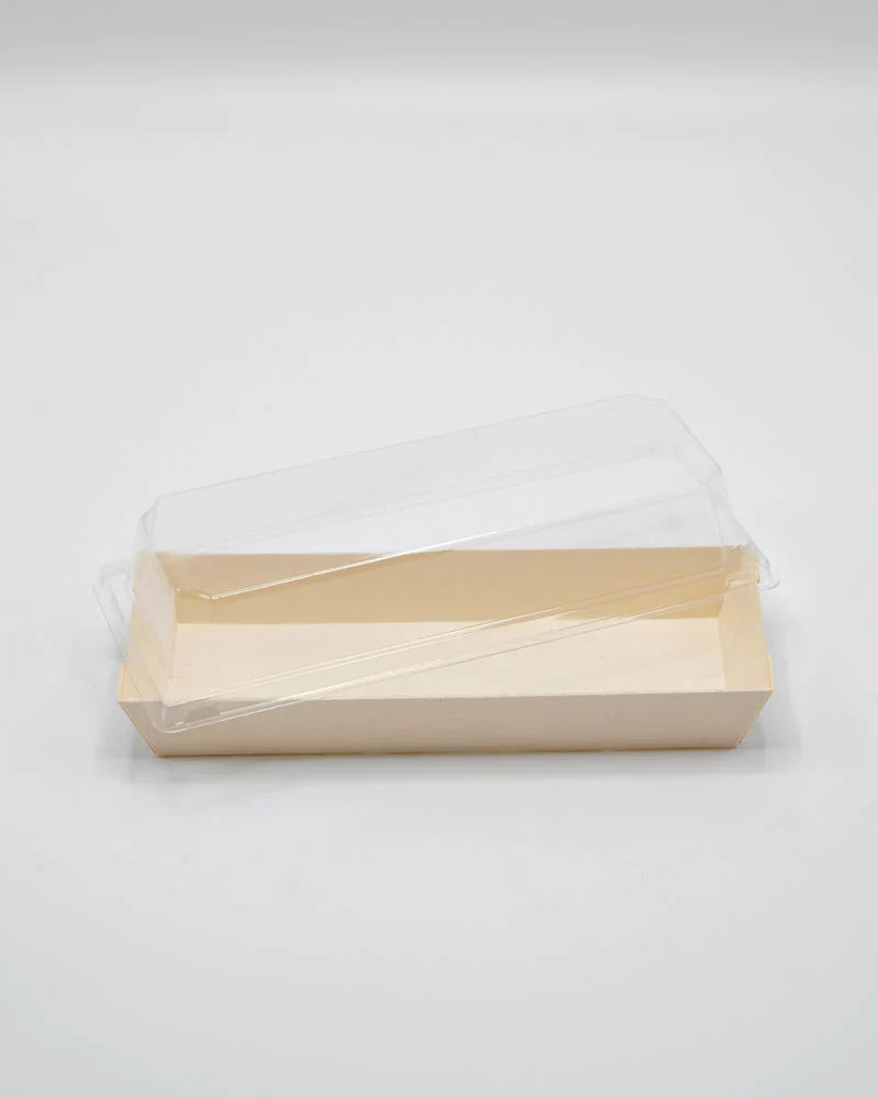 Rectangular wooden tray with lid on a light gray background