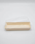 Rectangular wooden tray with lid on a light gray background