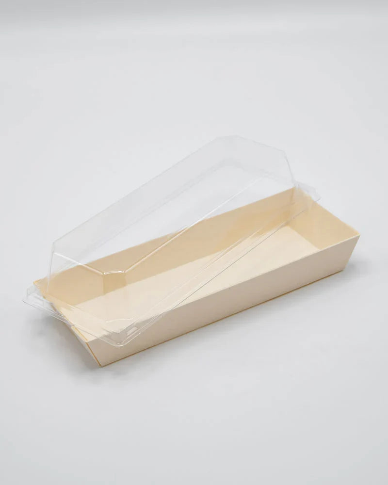 Wood tray with clear lid on a white background