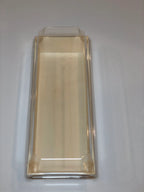 Compostable wood tray with clear lid on a plain background