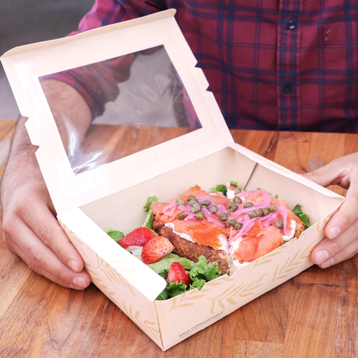 65 oz NoTree® Paper #3 Take-Out Container with PLA Window | Compostable