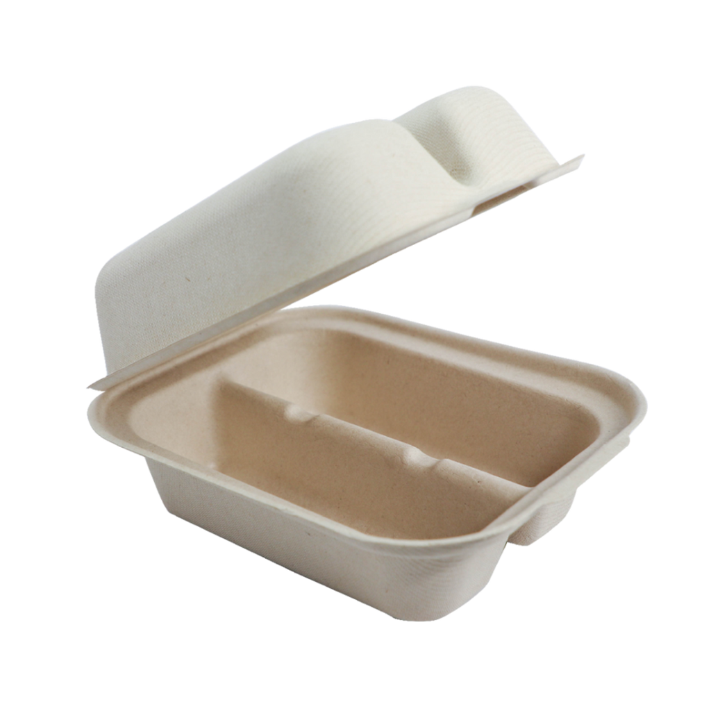 Compostable taco container with a lid on a white background