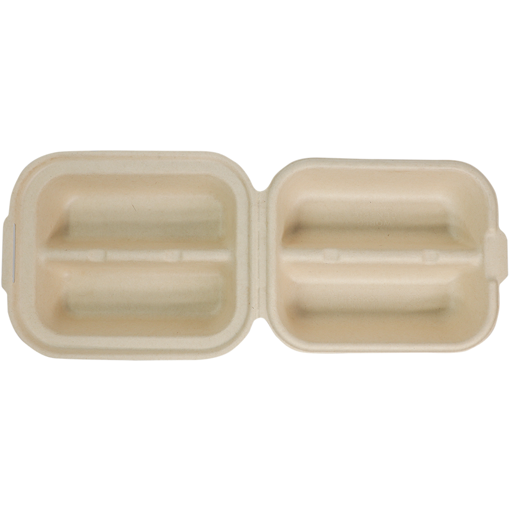 Top view of 2 Taco compostable clamshell on a plain background.