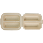 Top view of 2 Taco compostable clamshell on a plain background.