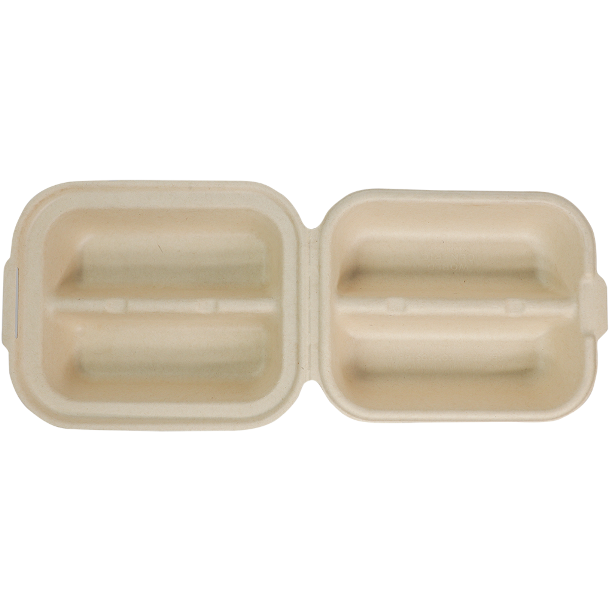 Top view of 2 Taco compostable clamshell on a plain background.