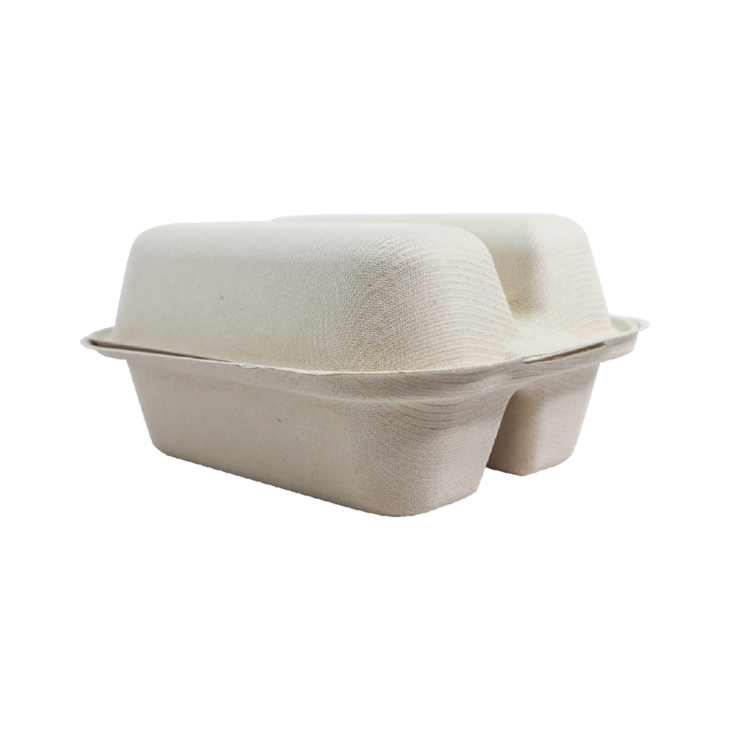 Closed Hinged taco container on a plain background.
