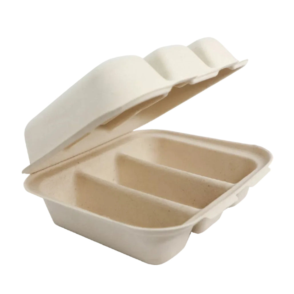 Compostable taco clamshell with a lid on a white background
