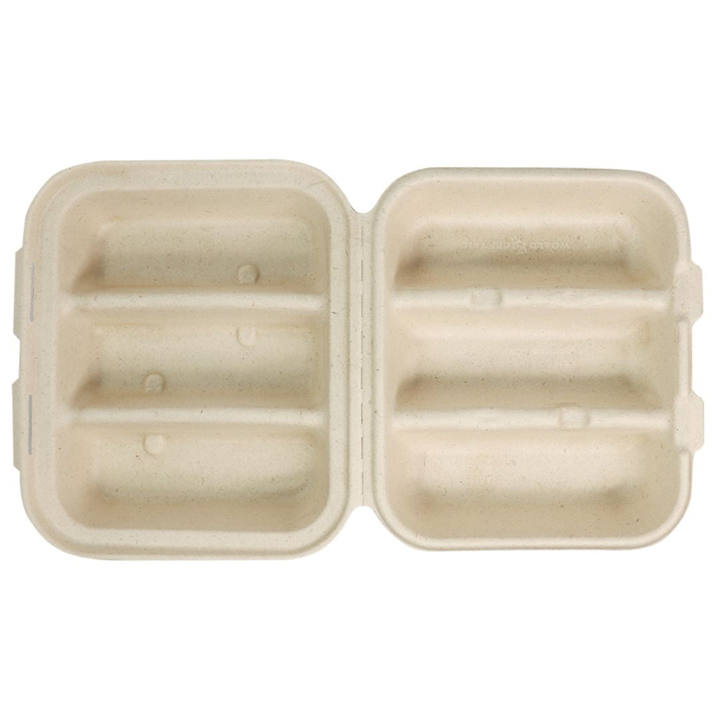 Compostable open clamshell on a white background