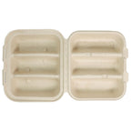 Compostable open clamshell on a white background