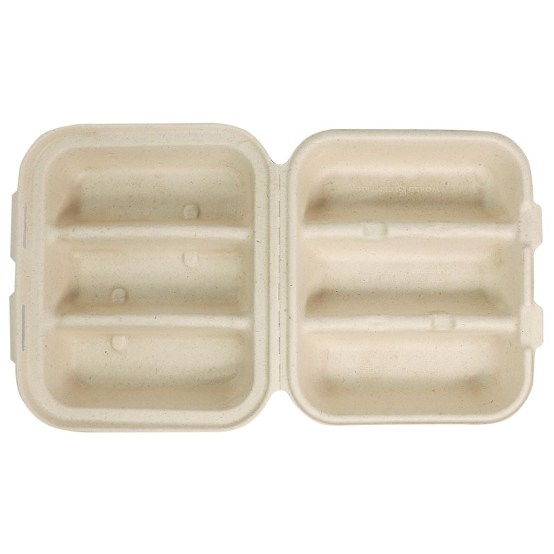 Compostable open clamshell on a white background