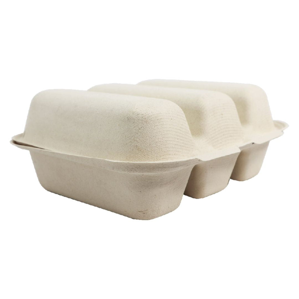 Compostable clamshell for 3 tacos, made from natural materials, on a white background