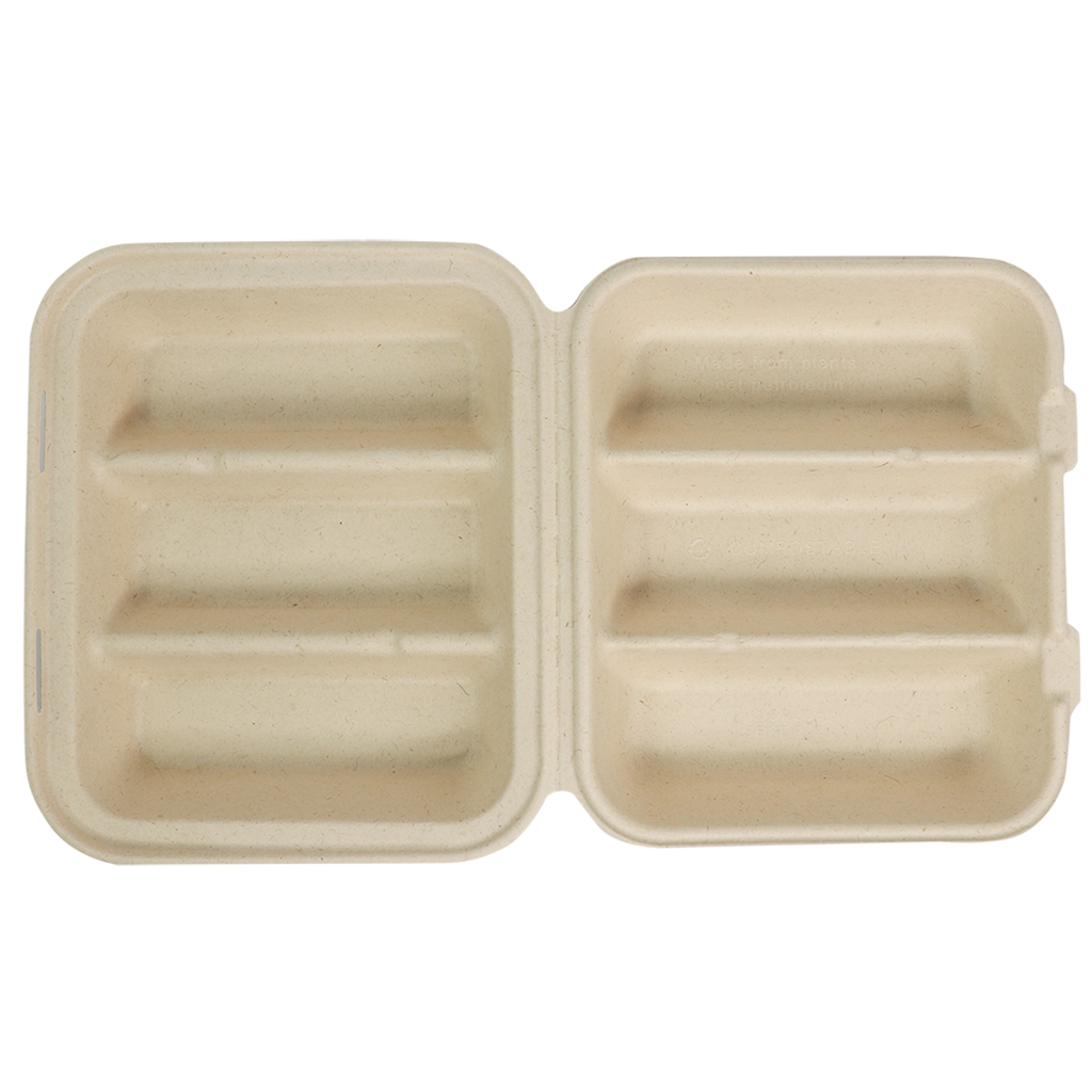 Open 3 Compartment Taco clamshell that is compostable on a plain background.