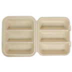 Open 3 Compartment Taco clamshell that is compostable on a plain background.