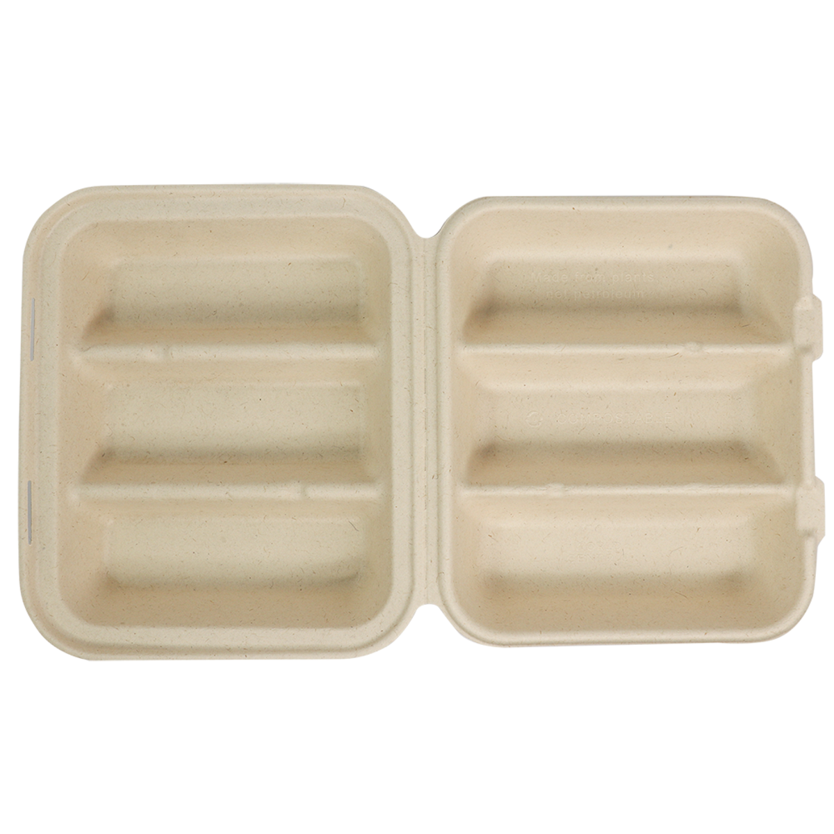 Open 3 Compartment Taco clamshell that is compostable on a plain background.