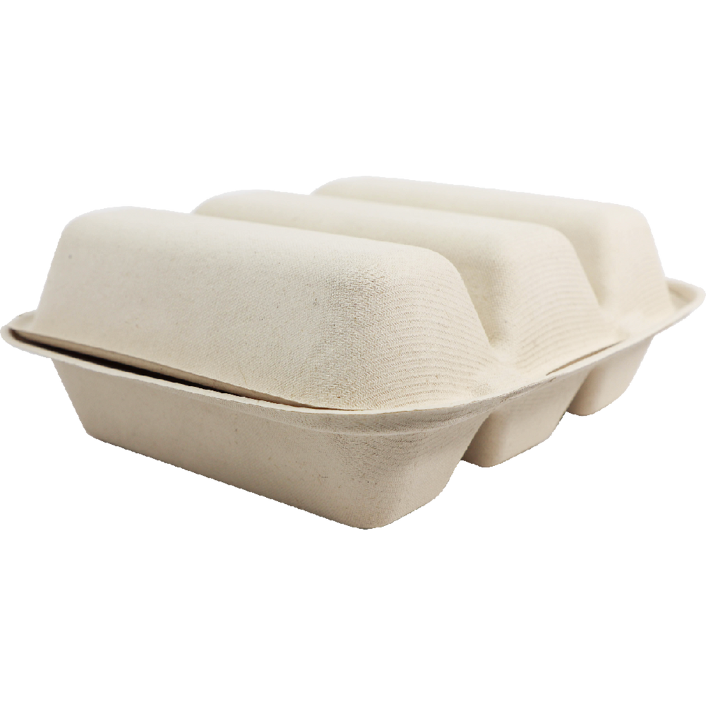 Compostable 3 Taco tray with hinged lid on a plain background.