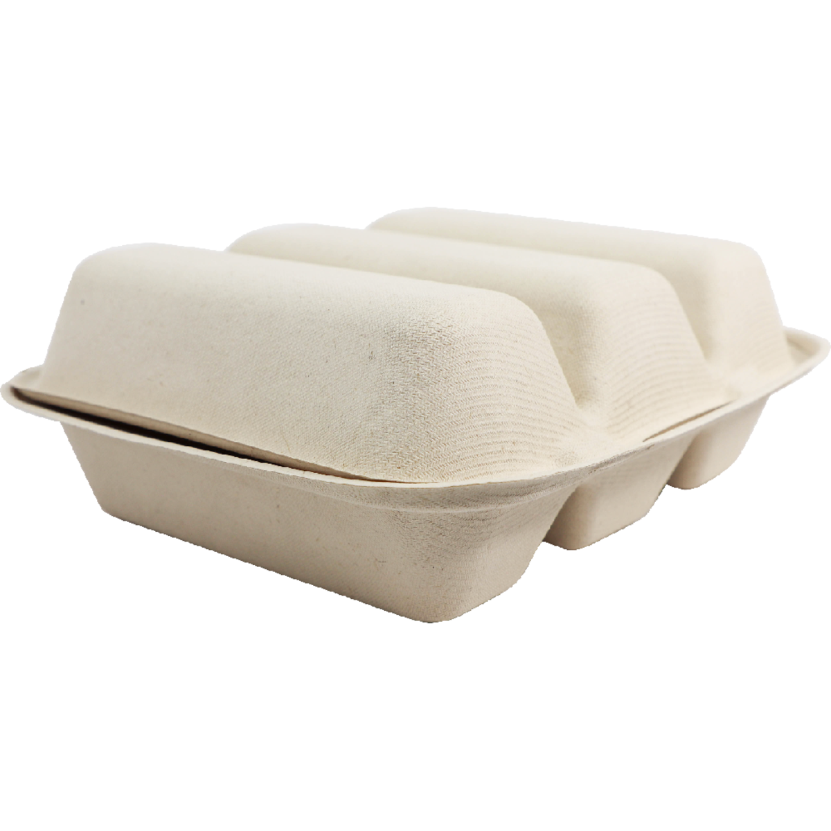 Compostable 3 Taco tray with hinged lid on a plain background.