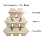 3 Different sizes of taco clamshells stacked on top of each other on a white background.
