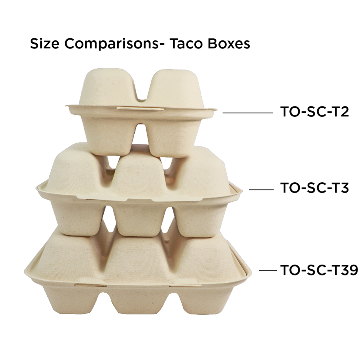 3 Different sizes of taco clamshells stacked on top of each other on a white background.