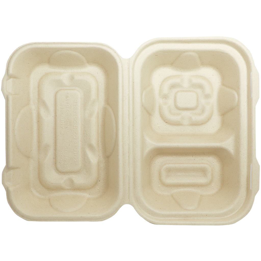9" x 6" x 3" Clamshell Two Compartment | Natural Plant Fiber