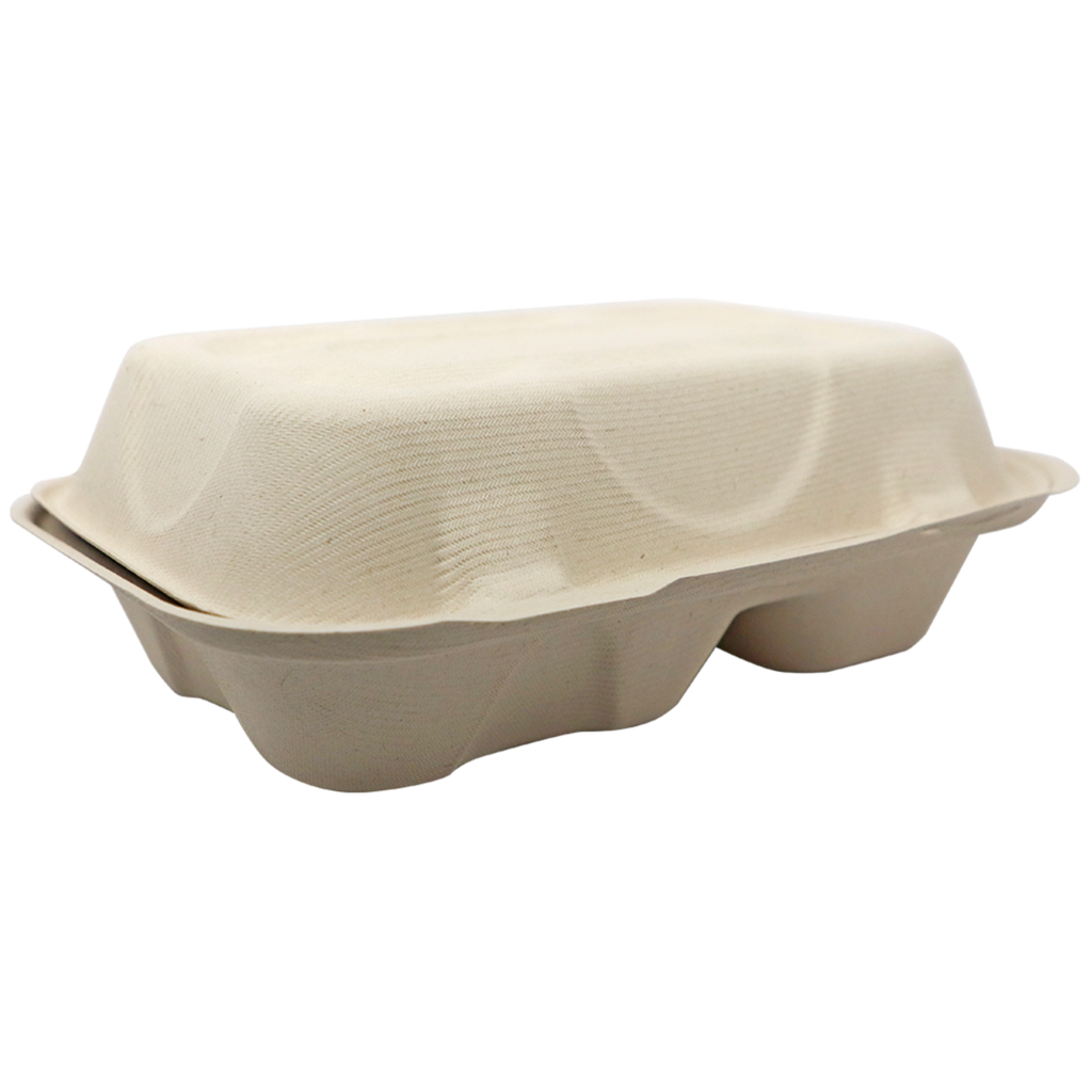 9" x 6" x 3" Clamshell Two Compartment | Natural Plant Fiber