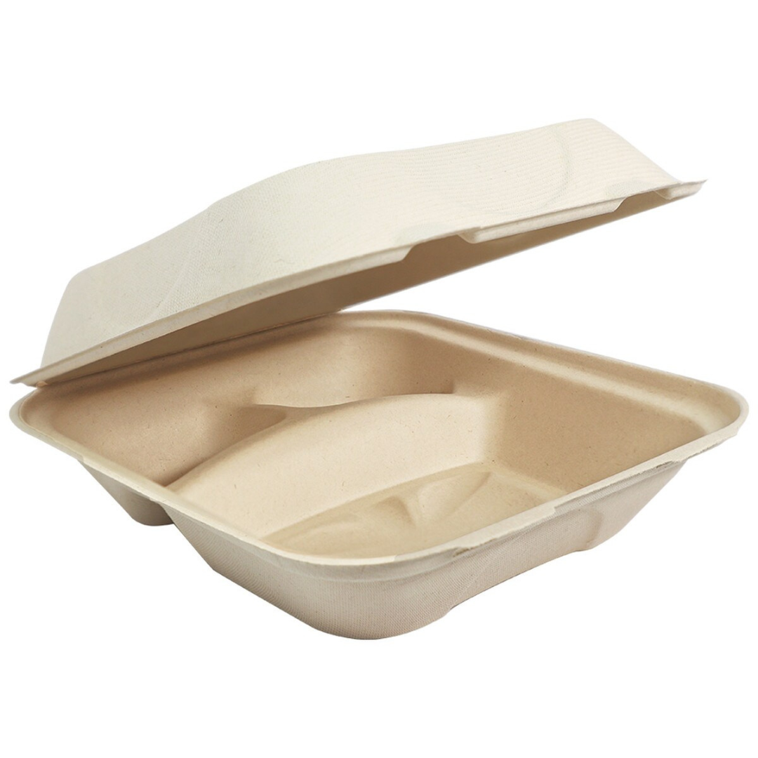 8" x 8" x 3" Clamshell 3 Compartment | Natural Plant Fiber
