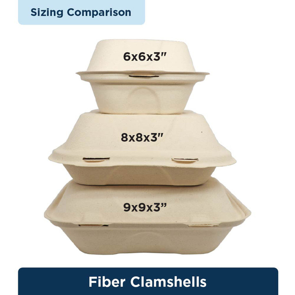 Different sized clamshells stacked on top of each other with sizes noted for comparison.