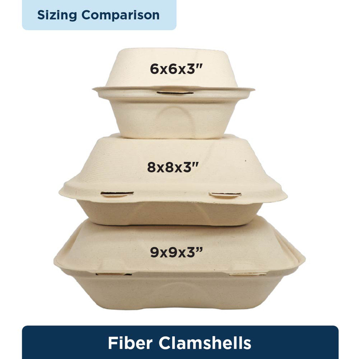 Different sized clamshells stacked on top of each other with sizes noted for comparison.