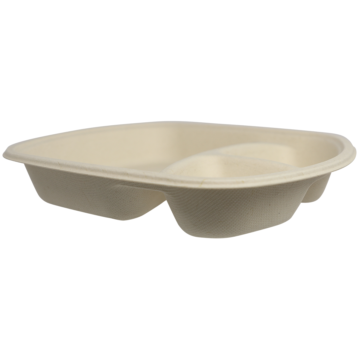 Side view of fiber food tray with 3 compartments on a plain background.