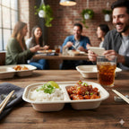 People dining together with takeout containers of food on a wooden table.