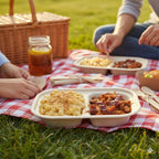 Picnic setup with food trays on a checkered blanket in a park