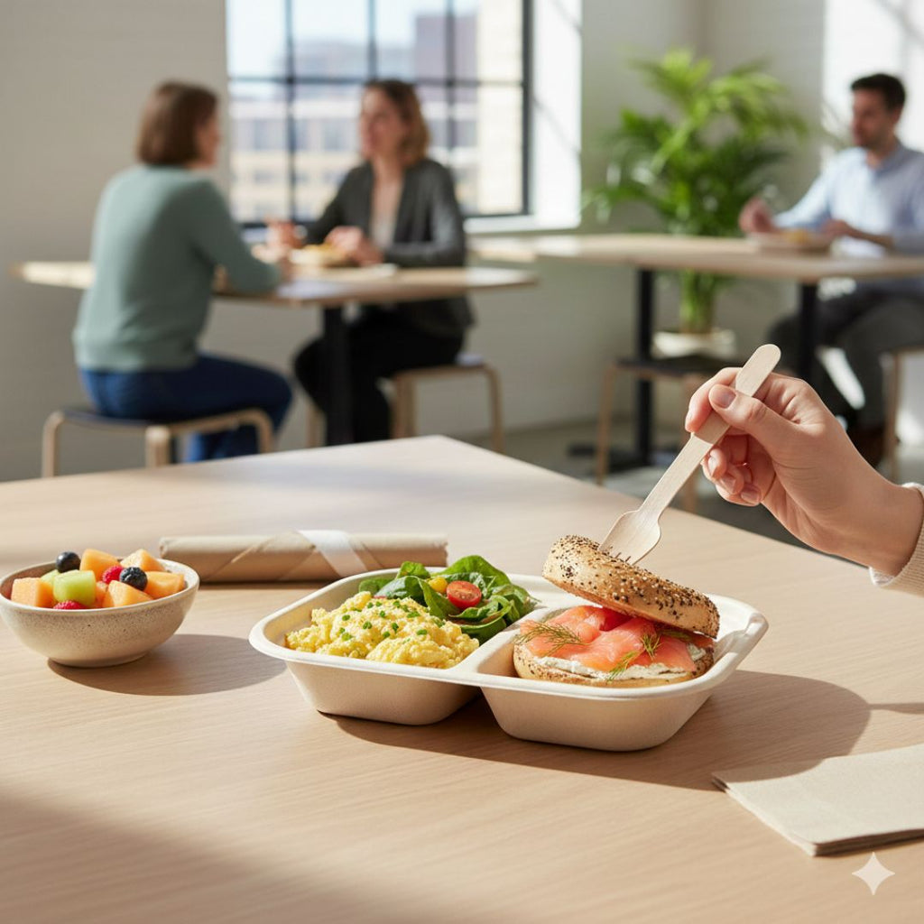 Person eating a meal from a two-compartment tray at a table with colleagues in the background