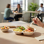 Person eating a meal from a two-compartment tray at a table with colleagues in the background