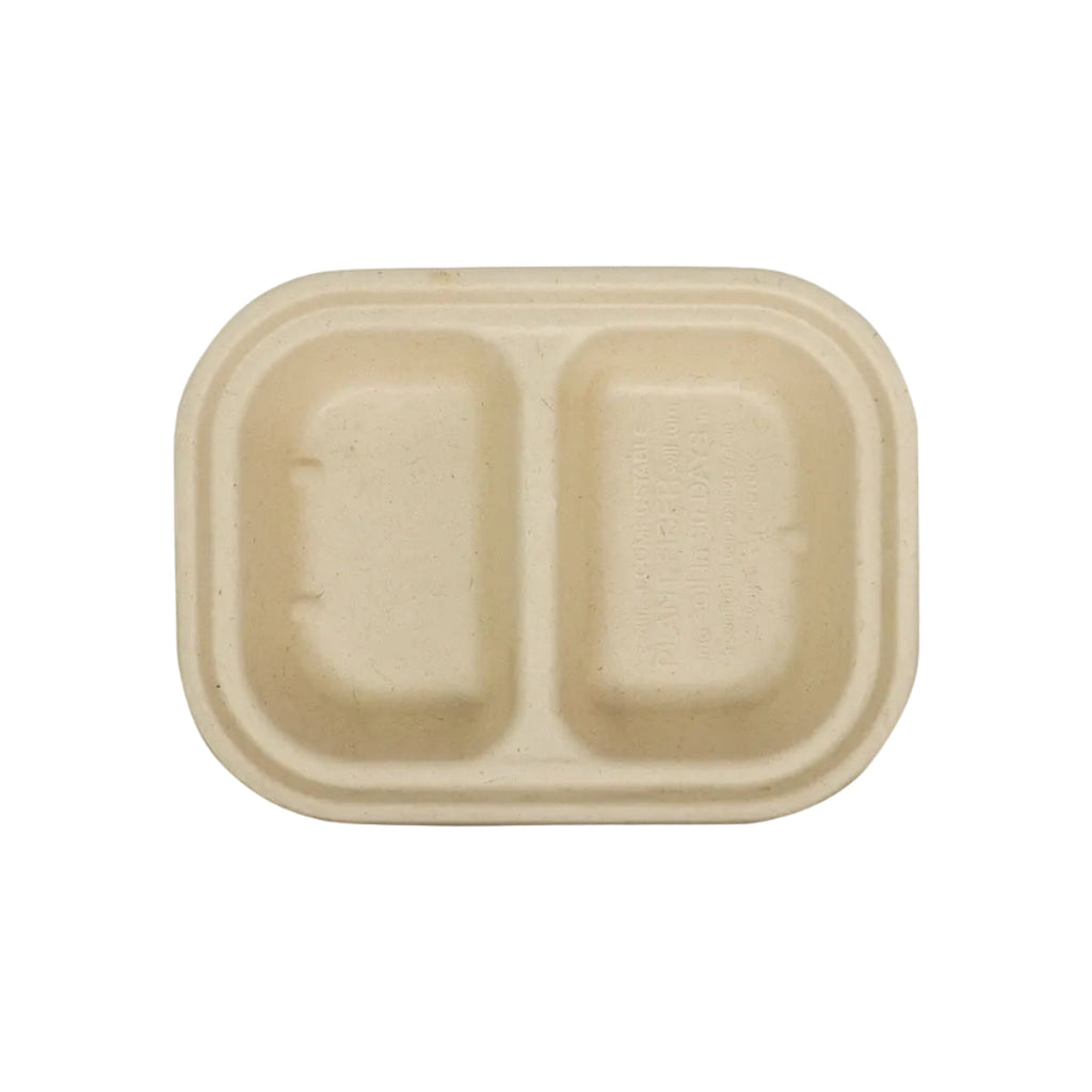 Compostable tray with two compartments on a white background