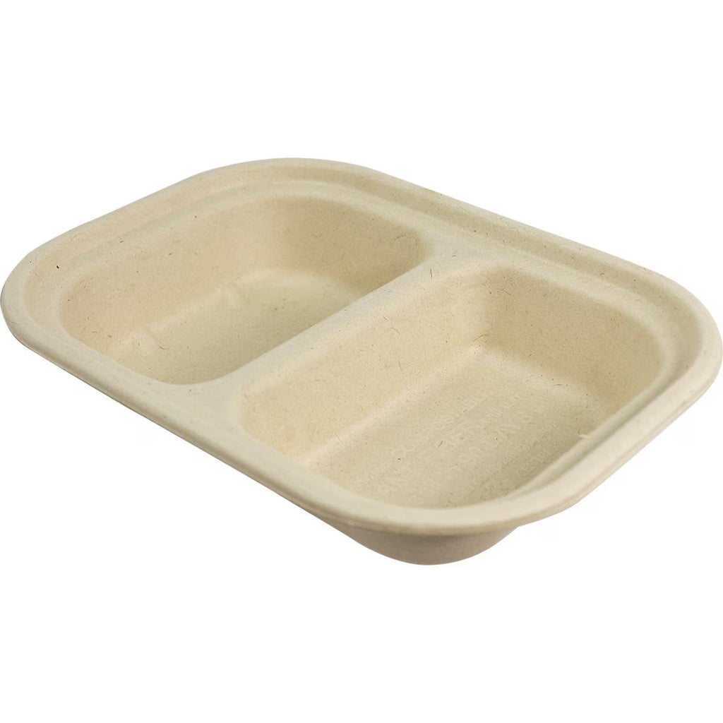 Compostable tray with two compartments on a white background