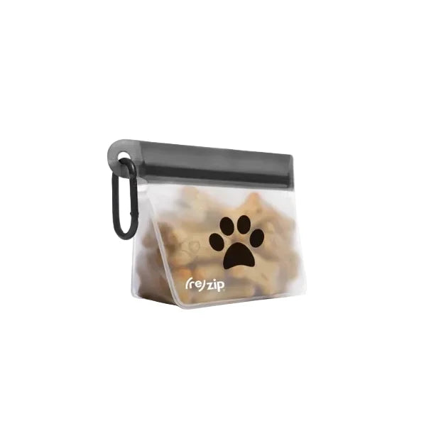 Clear pet treat bag with a black paw print logo on a white background