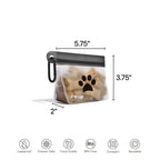 Dog food storage bag with dimensions and features on a white background