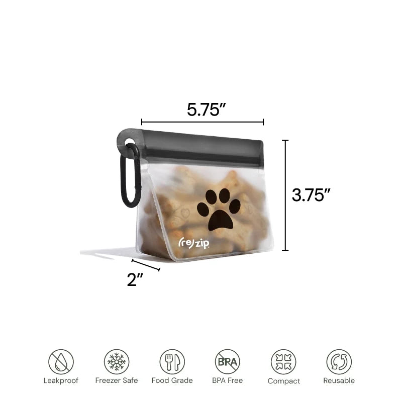 Dog food storage bag with dimensions and features on a white background