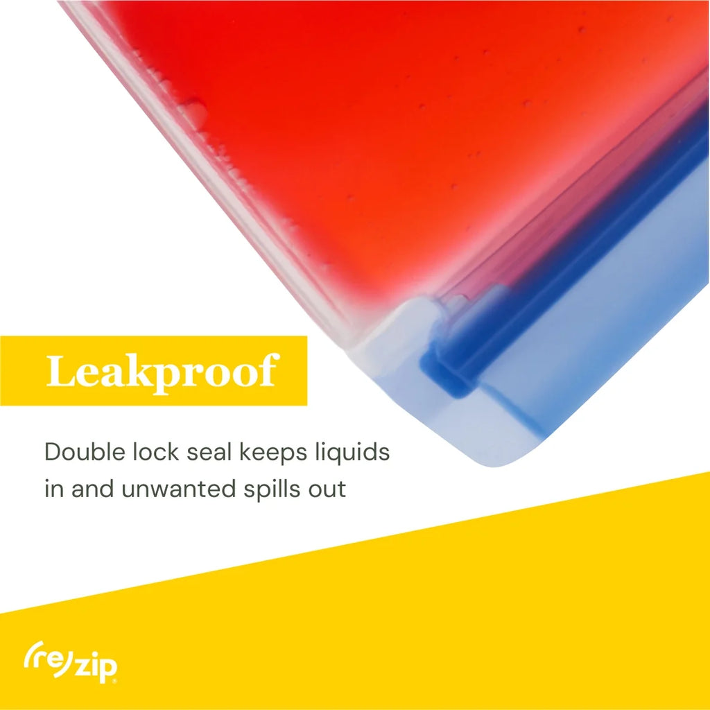 Red container with blue lid on a white background, featuring the brand 'Rezip'.