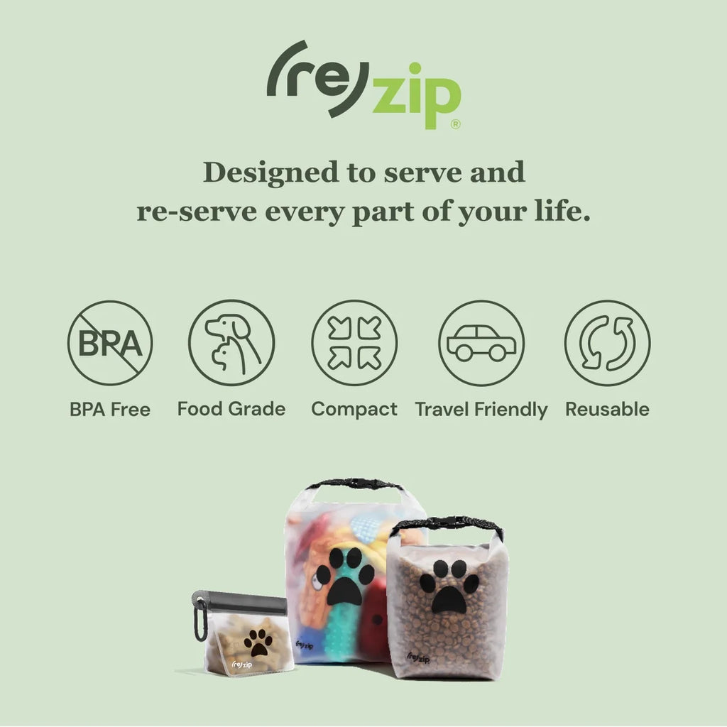 Rezip product packaging with icons and text on a light green background