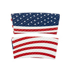 Front and back view of printed hot cup sleeve featuring American Flag print on a plain white background.