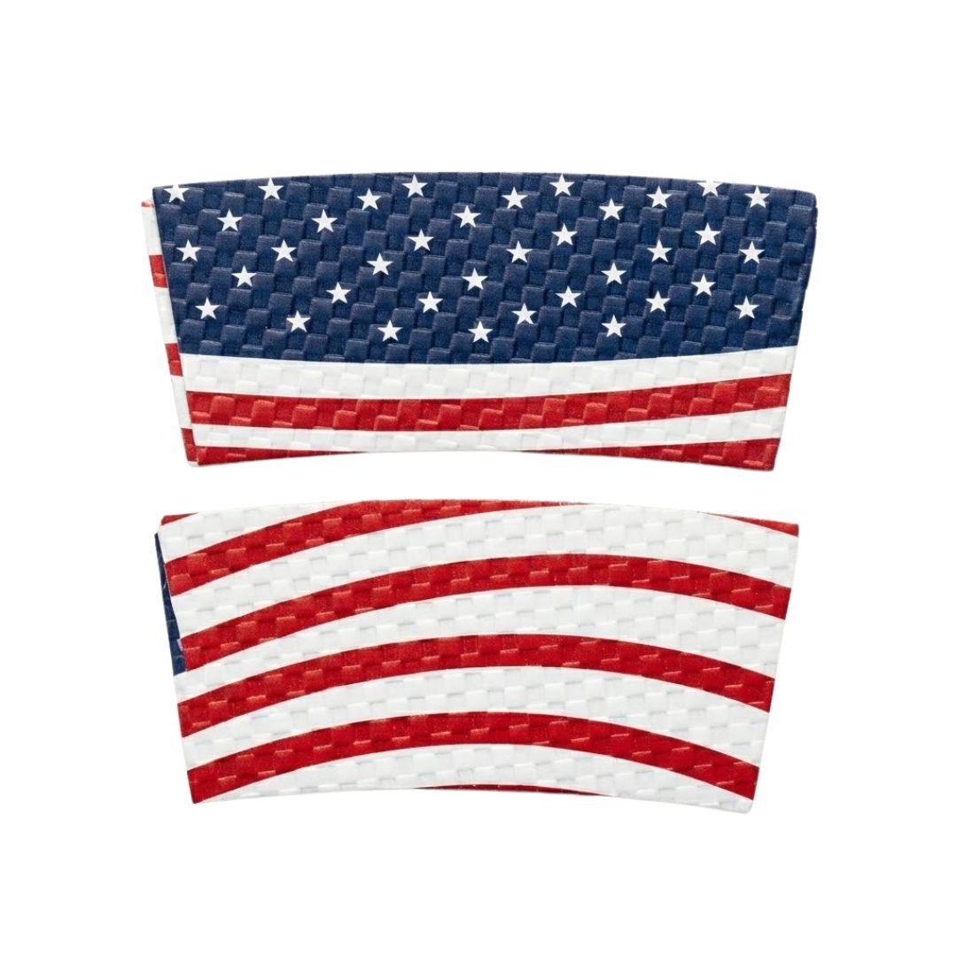 Front and back view of printed hot cup sleeve featuring American Flag print on a plain white background.