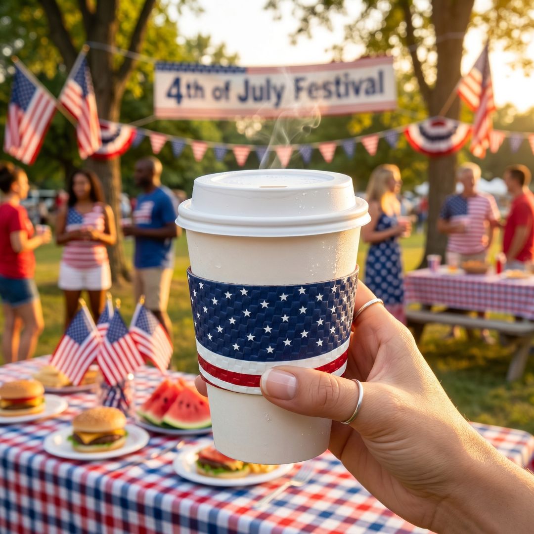 Hand holding a coffee cup with an American flag design at a 4th of July festival.