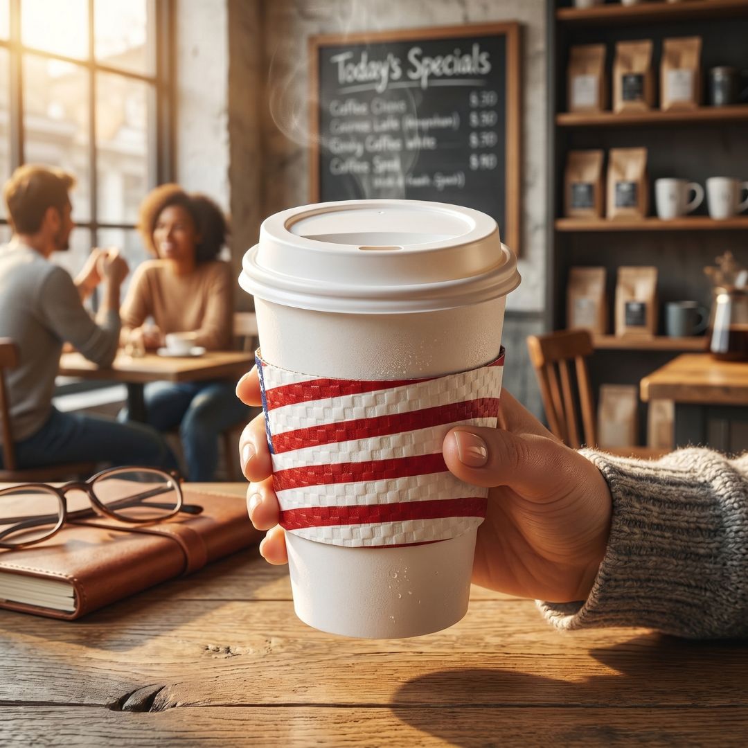 Hand holding a coffee cup with a red striped sleeve in a cozy cafe setting.