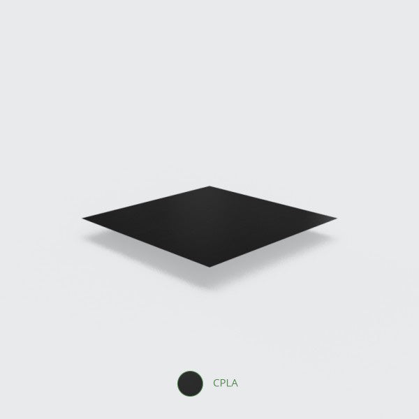 A picture of the compostable black CPLA material with a label and white background.
