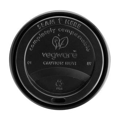 Black compostable lid with 'Vegware' branding on a white background