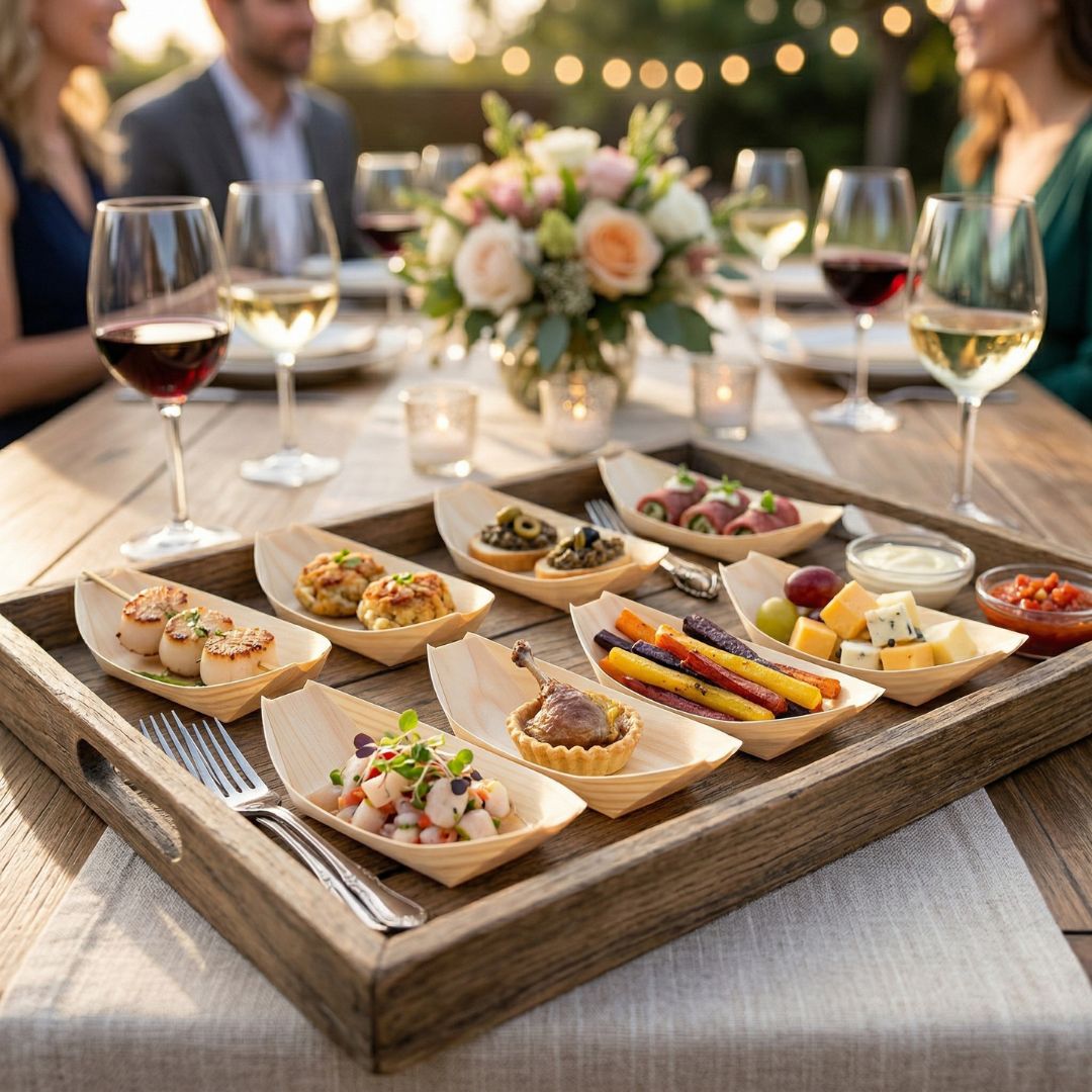 Outdoor dining scene with a wooden tray of appetizer food boats and glasses of wine.