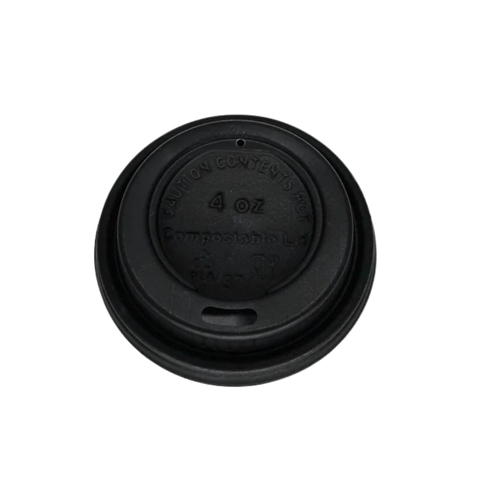 Black coffee cup lid with '4 oz' and 'Compostable' text on a white background